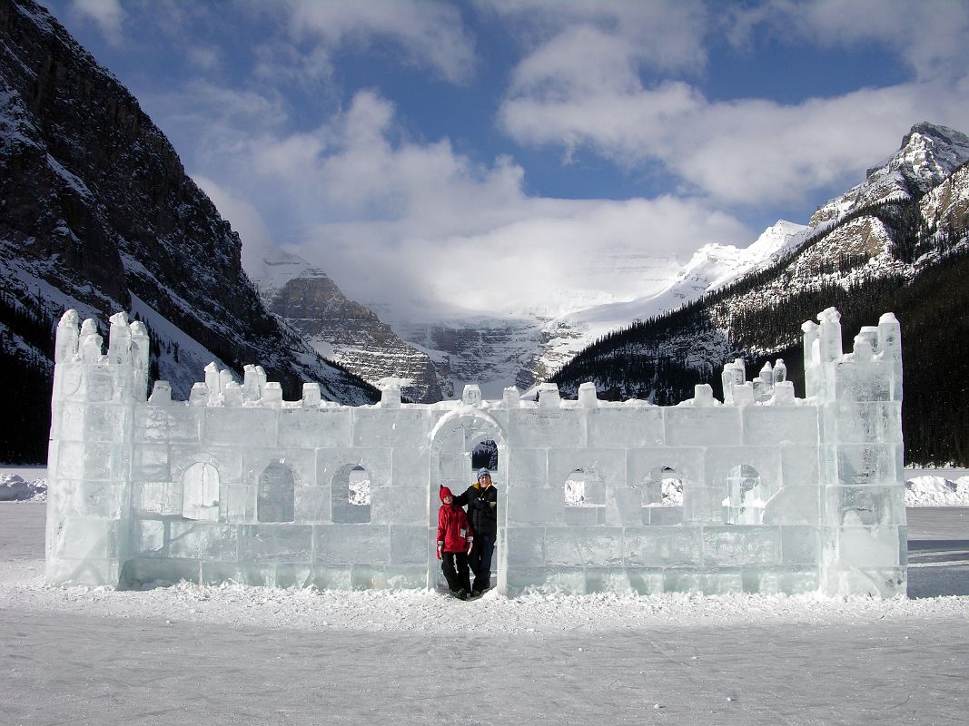 18B Castle Ice Sculpture On Frozen Lake Louise With Mount Victoria and Mount Whyte Behind